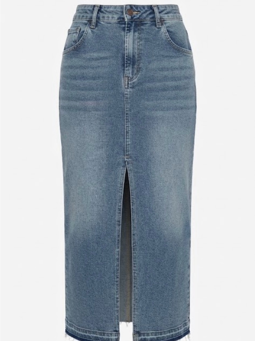 Denim Maxi Skirt with Front Slit and Raw Hem in Medium Wash
